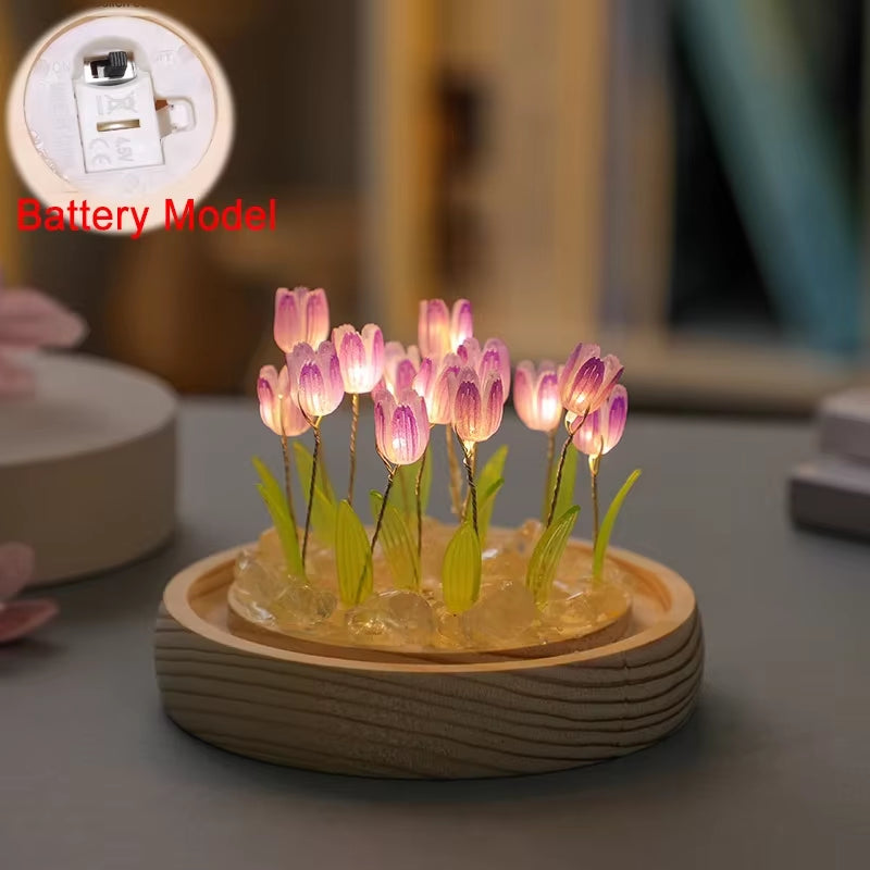 Artificial Tulip Flower Night Light Ornaments Handmade DIY Bedside Lamp LED Night Lamp Bedroom Decor Birthday Gifts Table Lamp