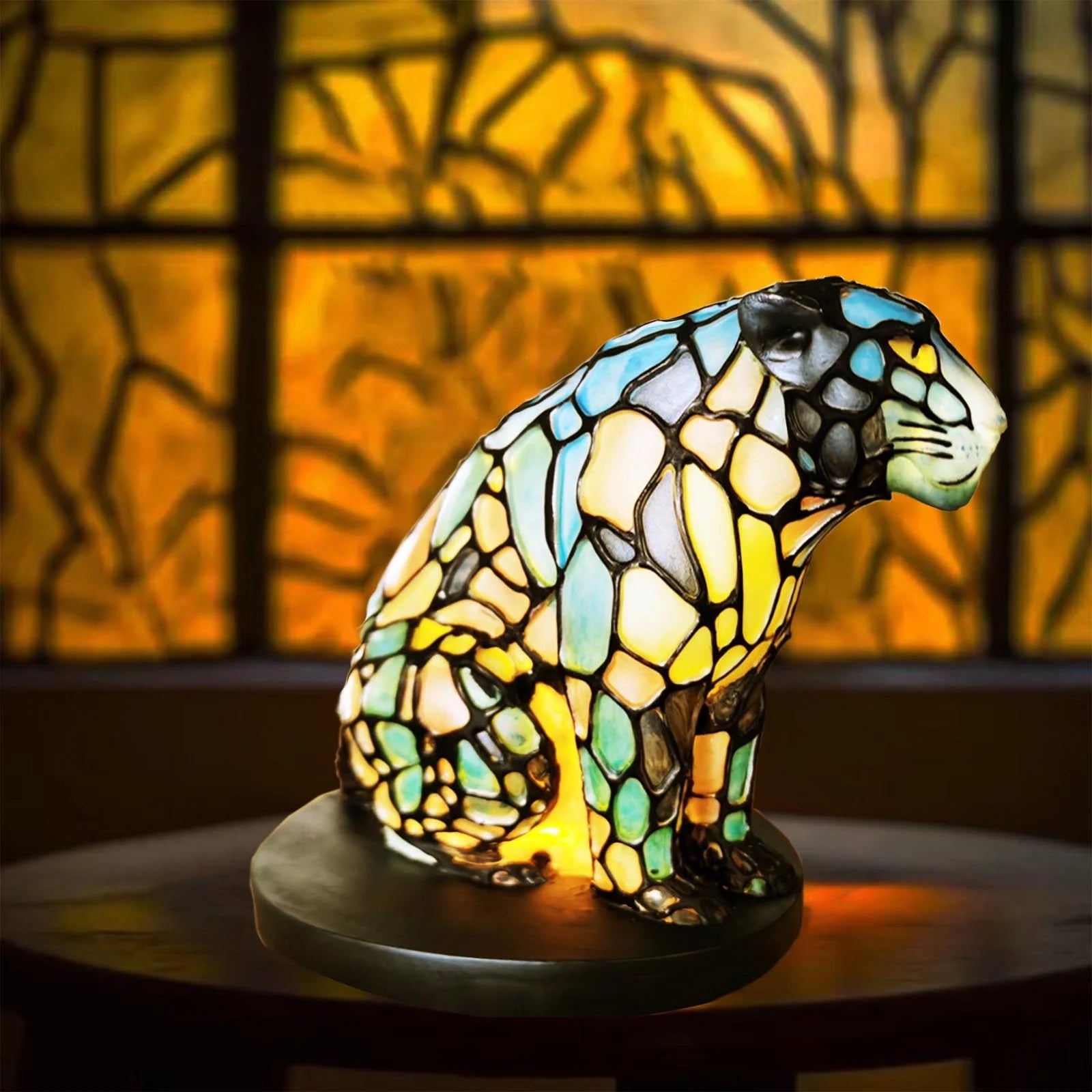 Animal Table Lamp Series - Stained Glass Rooster/Cat/Dragon/Wolf/Dolphin/Horse/Owl/Turtle Table Lamp Night Light - Stained Glass Animal Night Light for Home Decoration (Leopard)