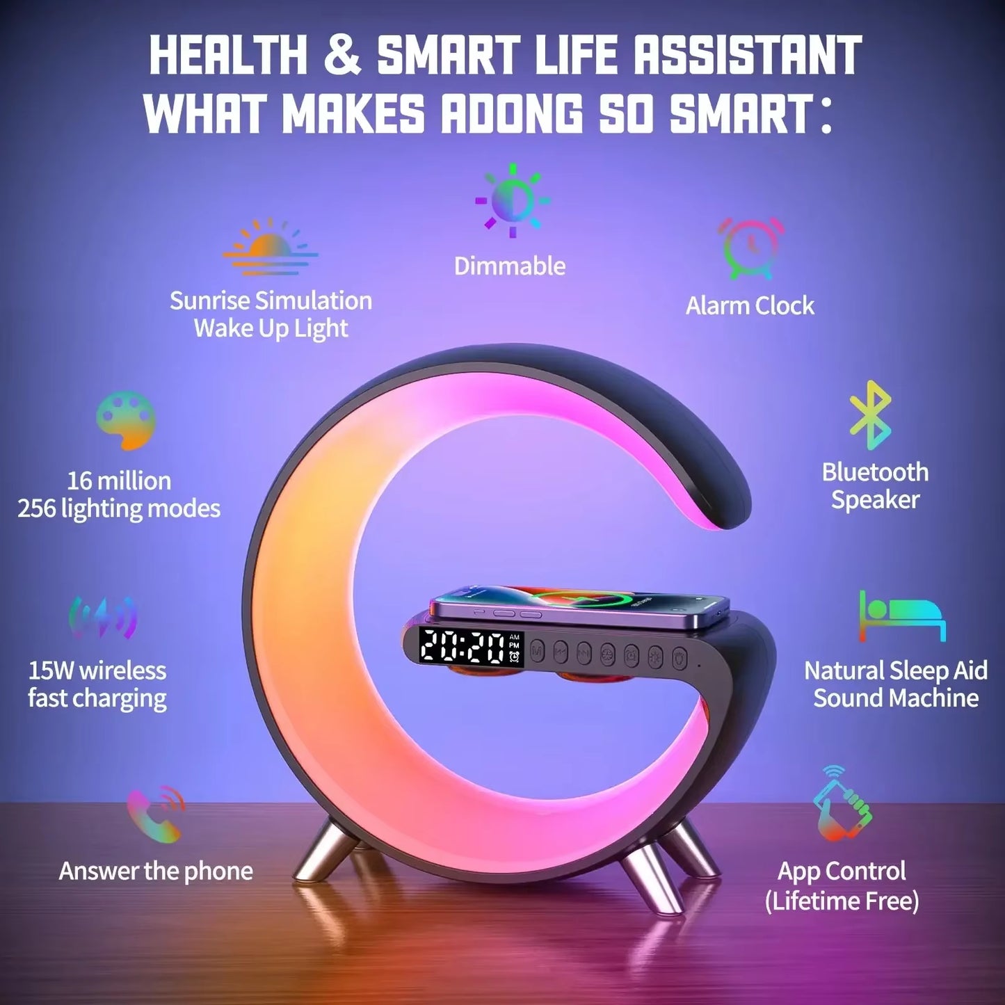 Multifunctional Wireless Charger Stand Alarm Speaker App Control Light Lamp Fast Charging Station Dock for Iphone Samsung Xiaomi