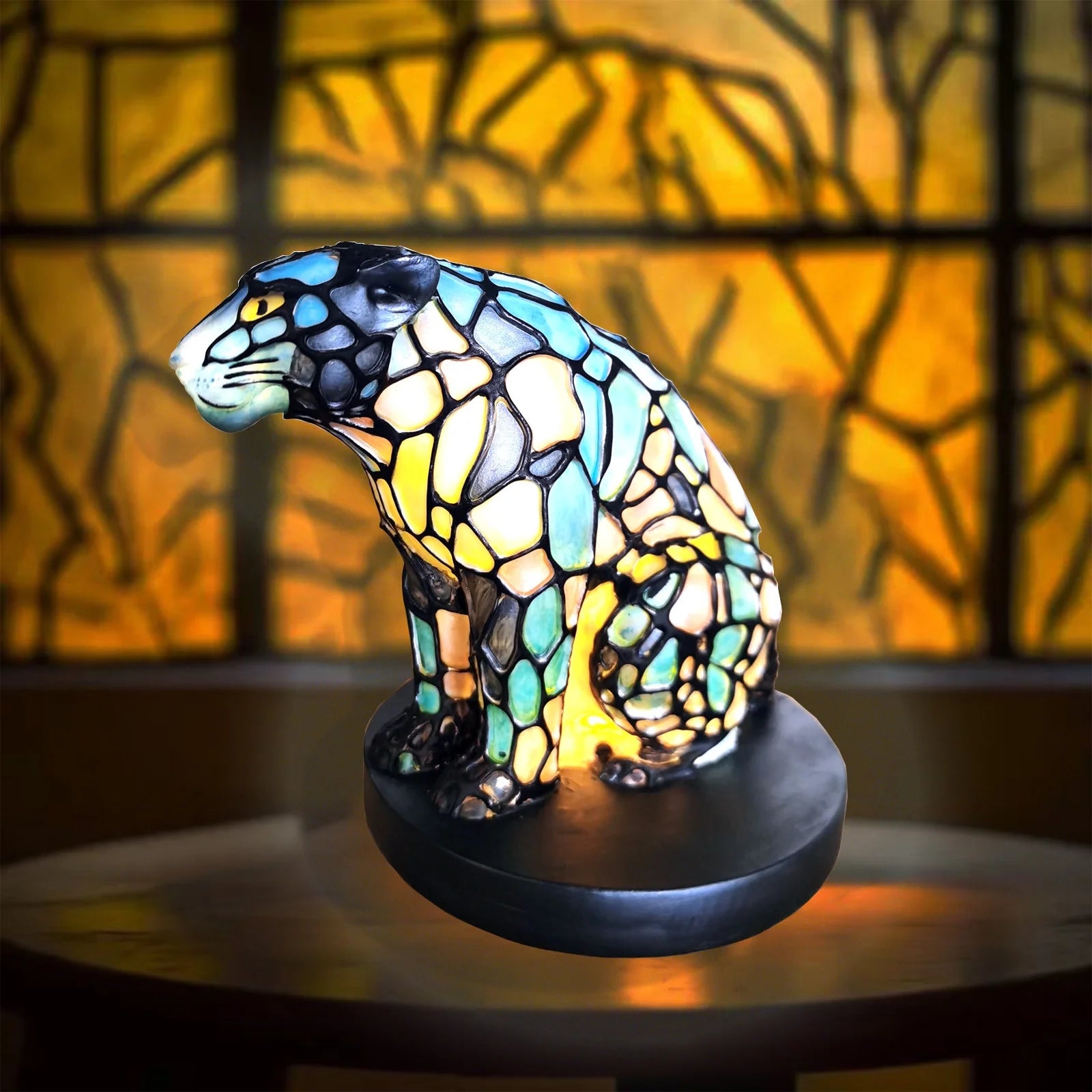 Animal Table Lamp Series - Stained Glass Rooster/Cat/Dragon/Wolf/Dolphin/Horse/Owl/Turtle Table Lamp Night Light - Stained Glass Animal Night Light for Home Decoration (Leopard)