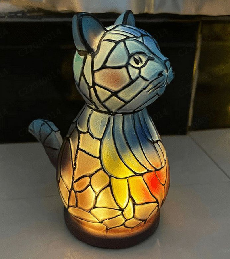 Stained Resin 3D Animals Table Lamp Night Light Desktop Ornament 7.9*5.9In Bedside Lantern Reading Side Table Lamp for Study Living Room Bedroom Farmhouse Hotel Lamps-Cat