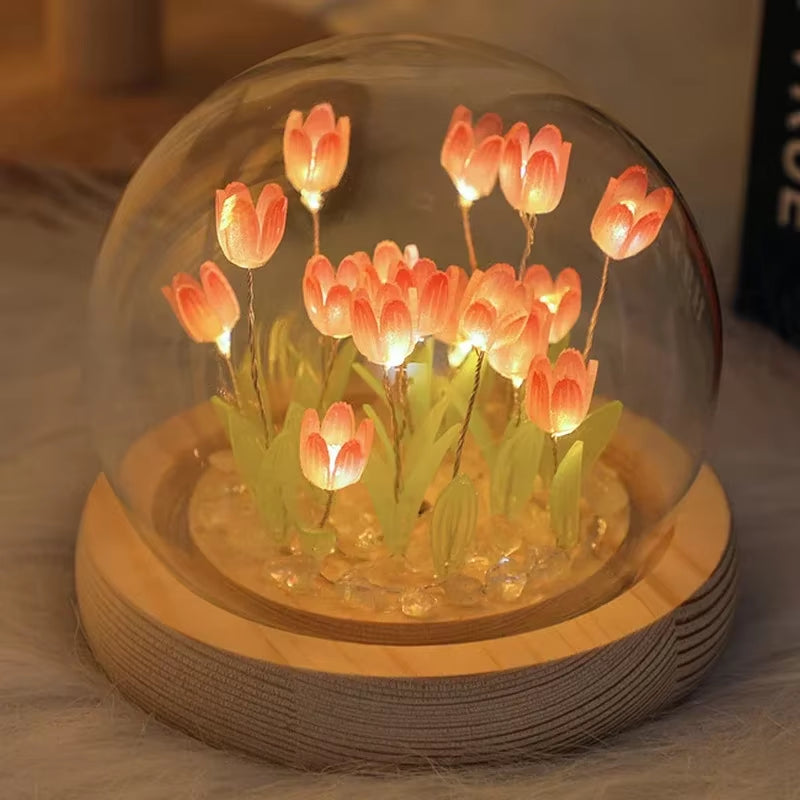 Artificial Tulip Flower Night Light Ornaments Handmade DIY Bedside Lamp LED Night Lamp Bedroom Decor Birthday Gifts Table Lamp