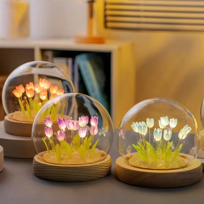 Artificial Tulip Flower Night Light Ornaments Handmade DIY Bedside Lamp LED Night Lamp Bedroom Decor Birthday Gifts Table Lamp