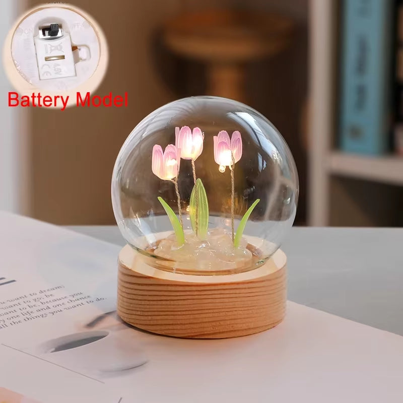 Artificial Tulip Flower Night Light Ornaments Handmade DIY Bedside Lamp LED Night Lamp Bedroom Decor Birthday Gifts Table Lamp