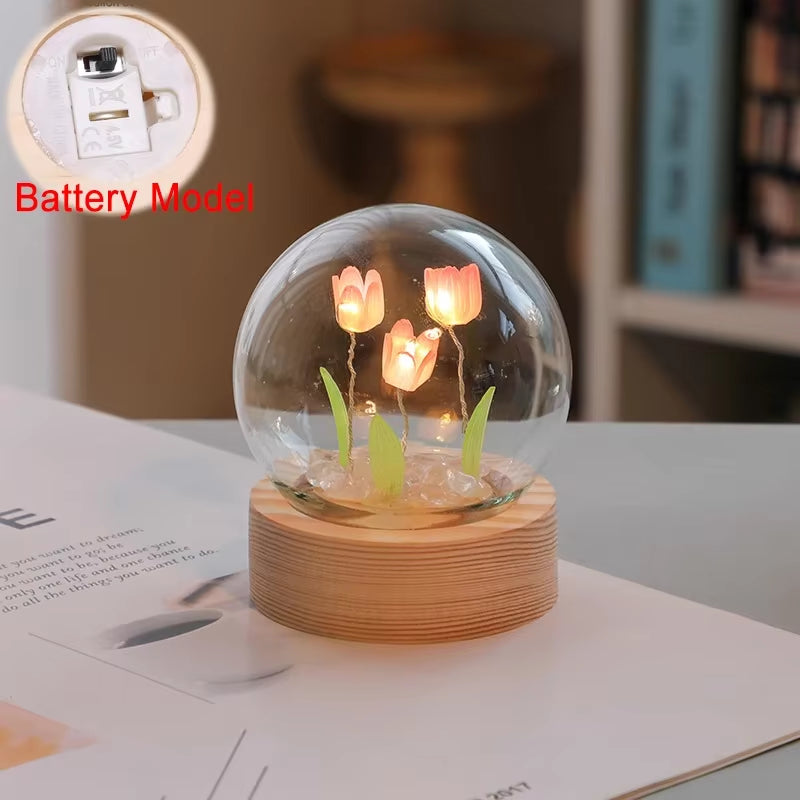 Artificial Tulip Flower Night Light Ornaments Handmade DIY Bedside Lamp LED Night Lamp Bedroom Decor Birthday Gifts Table Lamp