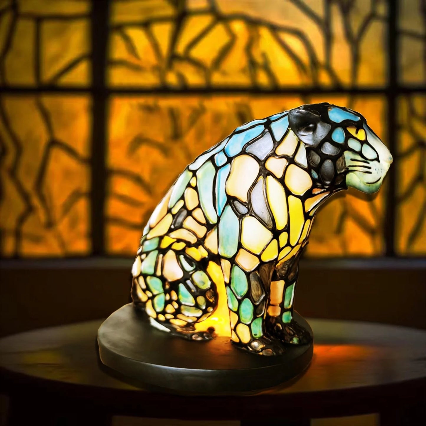 Animal Table Lamp Series - Stained Glass Rooster/Cat/Dragon/Wolf/Dolphin/Horse/Owl/Turtle Table Lamp Night Light - Stained Glass Animal Night Light for Home Decoration (Leopard)