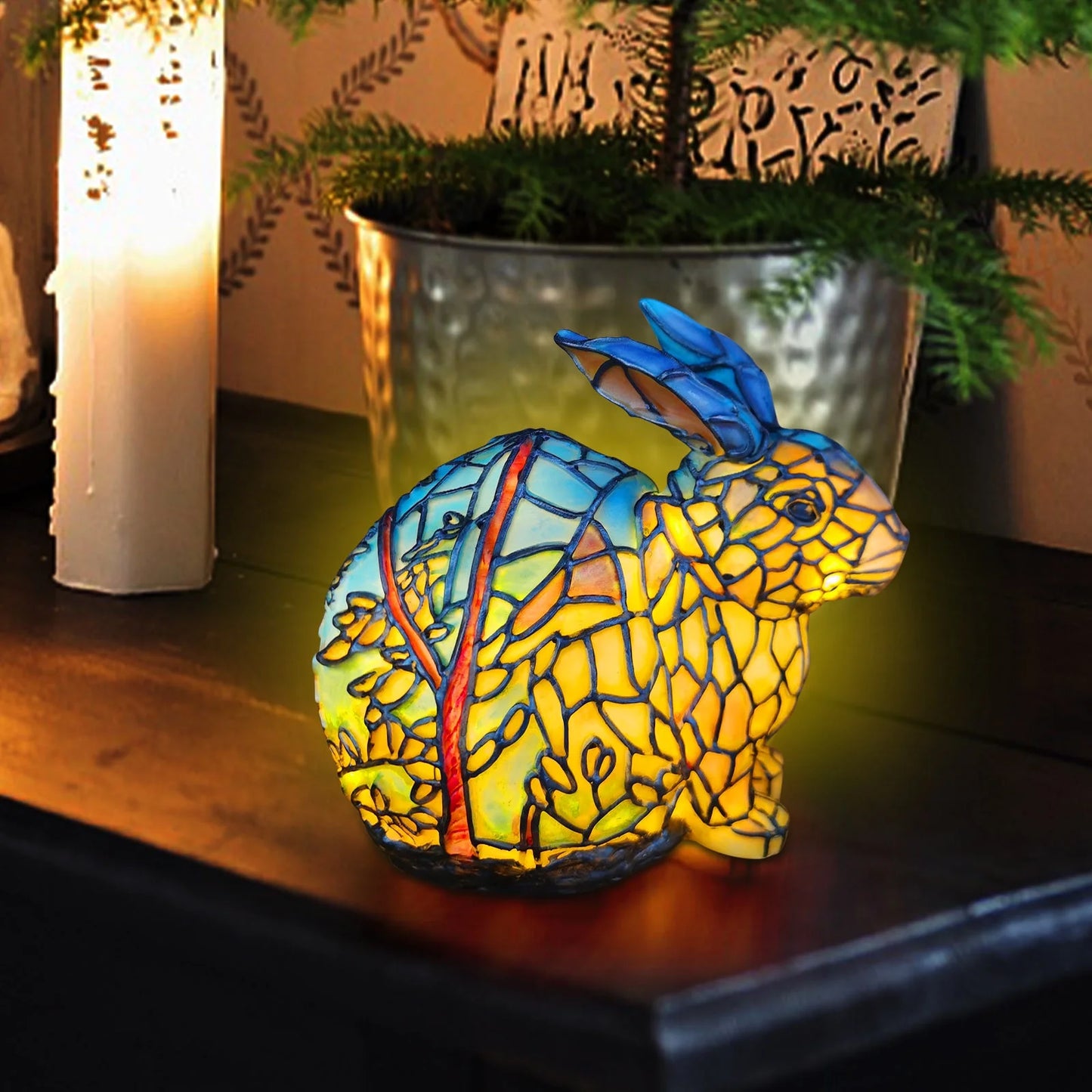 Animal Table Lamp Series - Stained Glass Rooster/Cat/Dragon/Wolf/Dolphin/Horse/Owl/Turtle Table Lamp Night Light - Stained Glass Animal Night Light for Home Decoration (Rabbit)