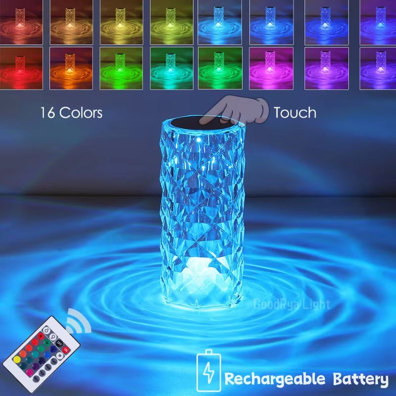 3/16 Colour LED Crystal Table Lamp Rechargeable Touch Rose Romantic Night Lamp Bedroom Bedside Lamp Living Room Bar Decoration