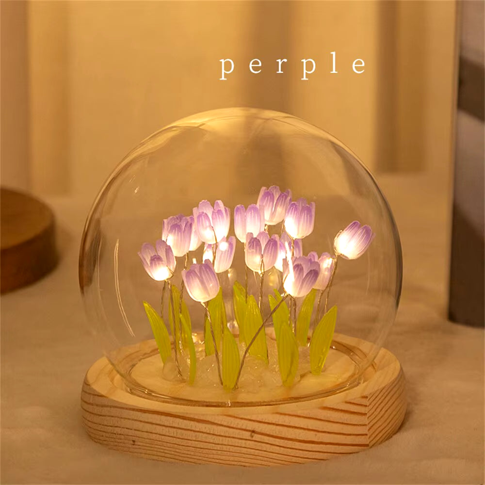 Artificial Tulip Flower Night Light Handmade DIY Bedside Lamp LED Night Lamp Bedroom Decor Christmas Birthday Gifts Table Lamp