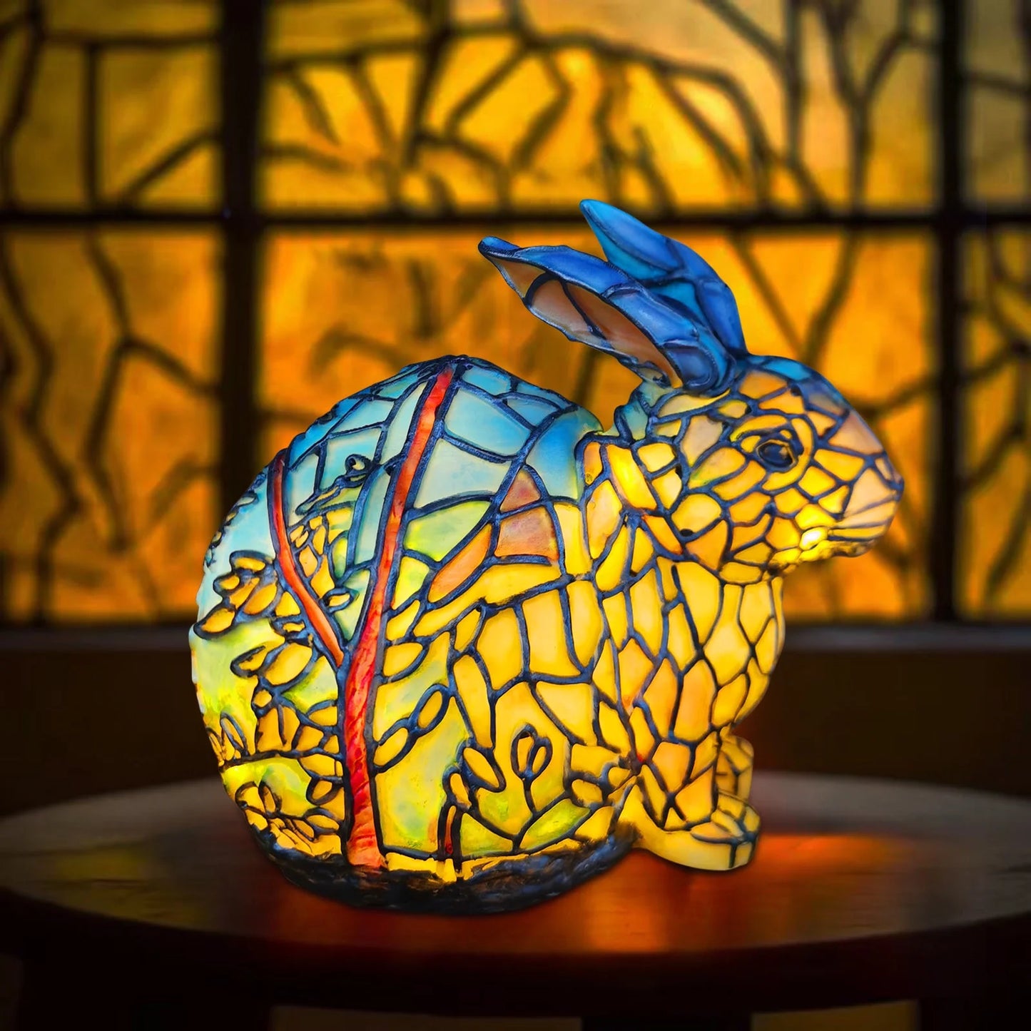 Animal Table Lamp Series - Stained Glass Rooster/Cat/Dragon/Wolf/Dolphin/Horse/Owl/Turtle Table Lamp Night Light - Stained Glass Animal Night Light for Home Decoration (Rabbit)