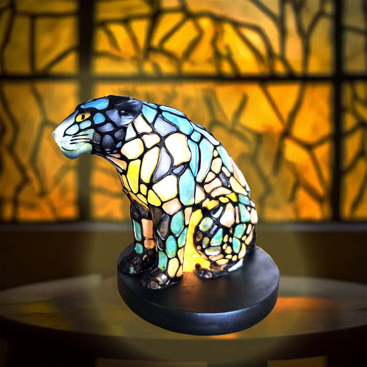 Animal Table Lamp Series - Stained Glass Rooster/Cat/Dragon/Wolf/Dolphin/Horse/Owl/Turtle Table Lamp Night Light - Stained Glass Animal Night Light for Home Decoration (Leopard)