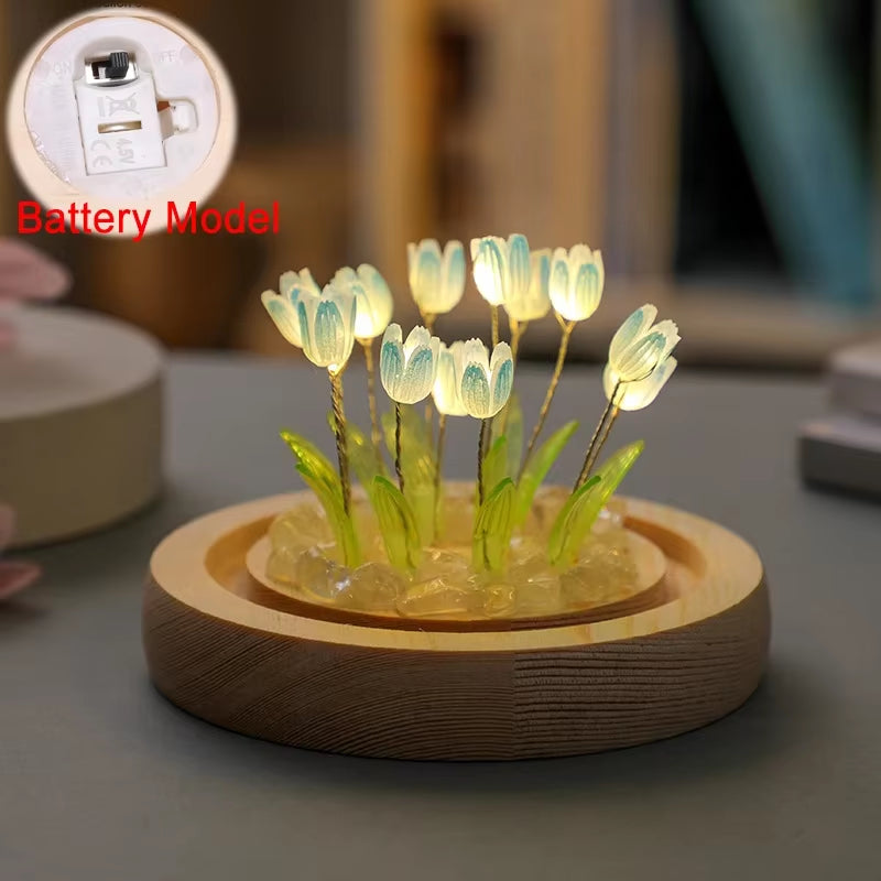 Artificial Tulip Flower Night Light Ornaments Handmade DIY Bedside Lamp LED Night Lamp Bedroom Decor Birthday Gifts Table Lamp