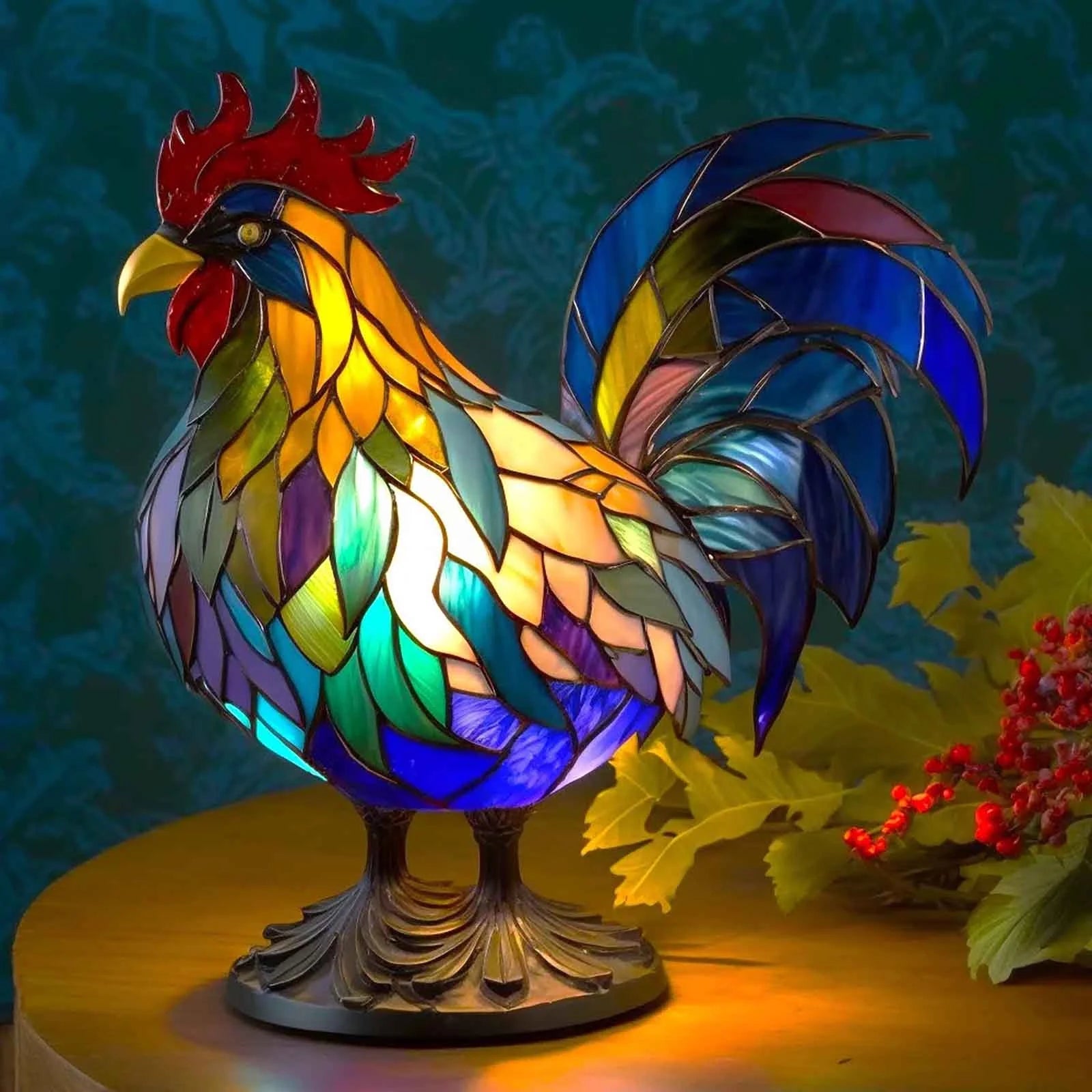 Stained Resin 3D Animals Table Lamp Night Light Desktop Ornament 7.9*5.9In Bedside Lantern Reading Side Table Lamp for Study Living Room Bedroom Farmhouse Hotel Lamps-Rooster