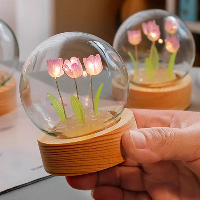 Artificial Tulip Flower Night Light Ornaments Handmade DIY Bedside Lamp LED Night Lamp Bedroom Decor Birthday Gifts Table Lamp