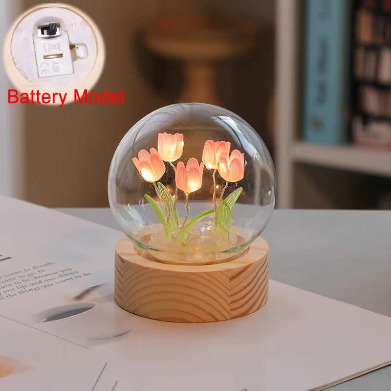 Artificial Tulip Flower Night Light Ornaments Handmade DIY Bedside Lamp LED Night Lamp Bedroom Decor Birthday Gifts Table Lamp