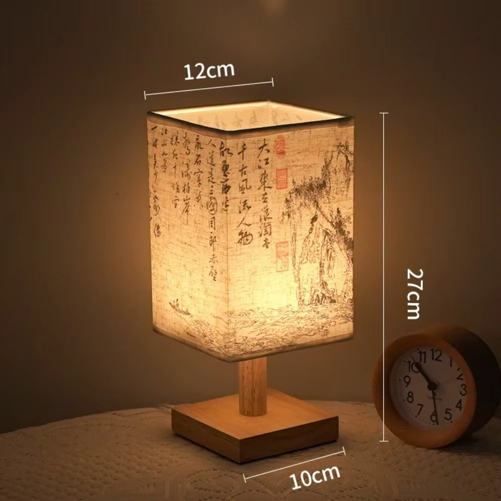 Retro Wood Desk Lamp Chinese Style Night Light Table Calligraphy Traditional Painting Decoration Bedroom Bedside Office Study