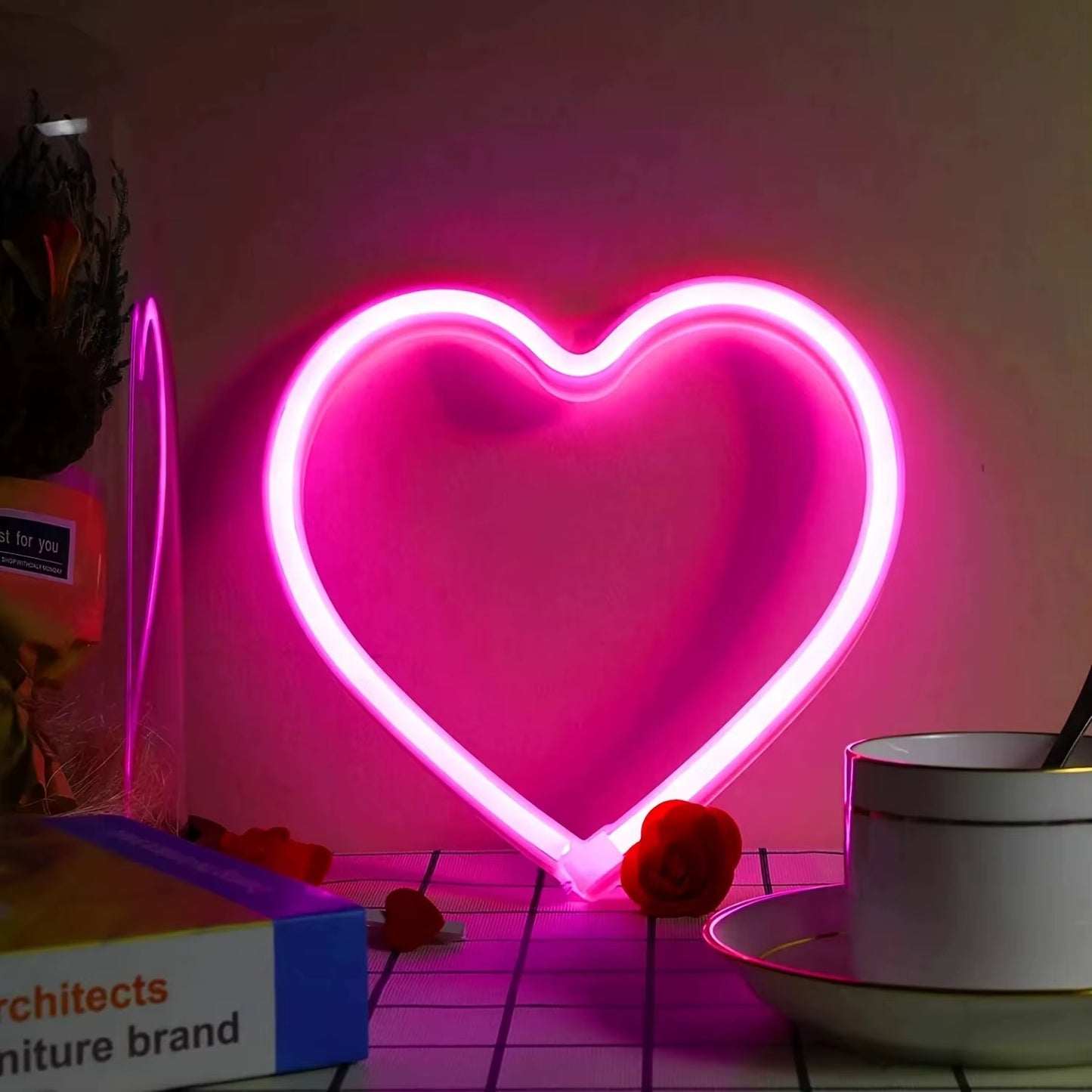 Pink USB Atmosphere Led Neon Light Sign Heart Shape Wall Mounted Night Light for Valentine'S Day Bar Bedroom Living Room