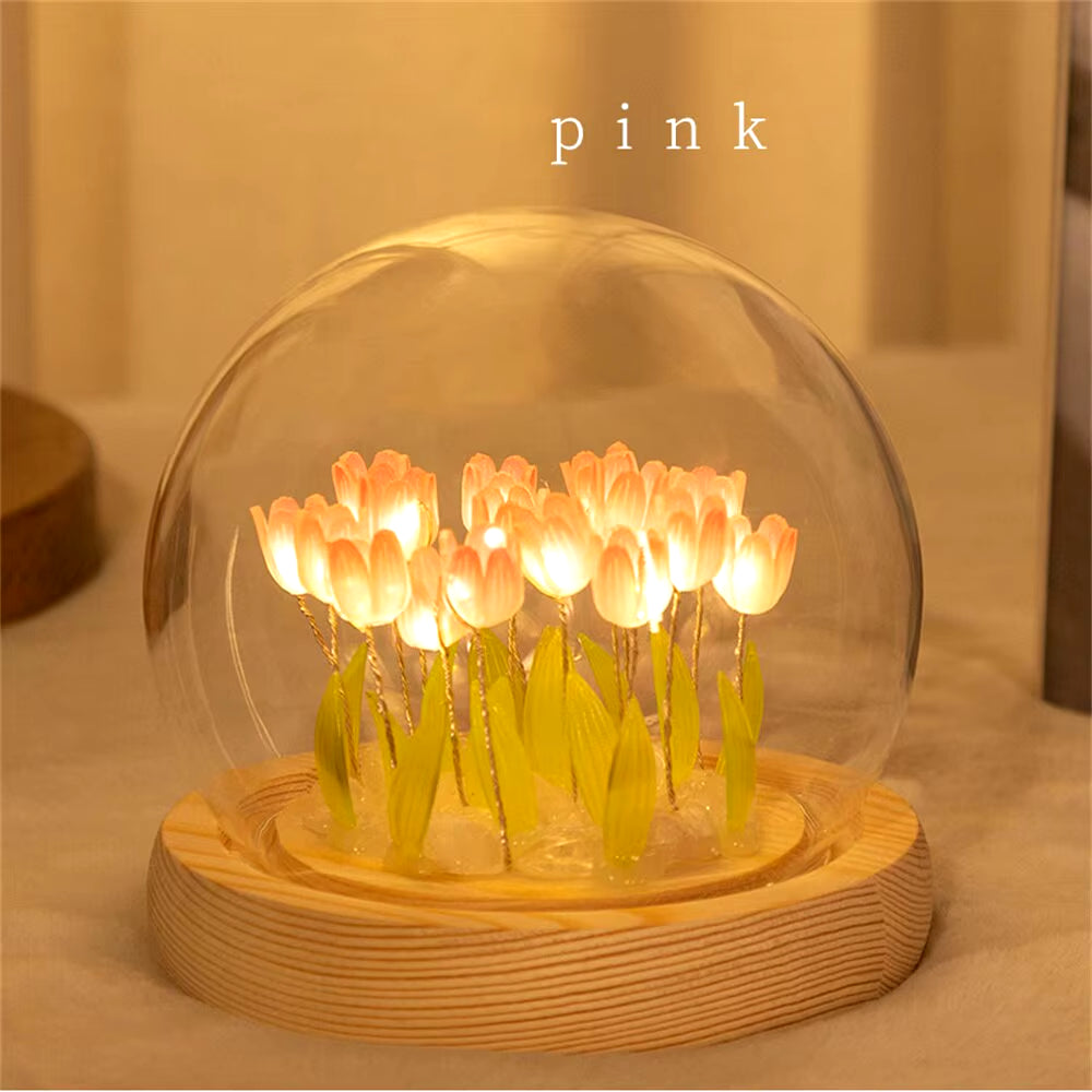 Artificial Tulip Flower Night Light Handmade DIY Bedside Lamp LED Night Lamp Bedroom Decor Christmas Birthday Gifts Table Lamp