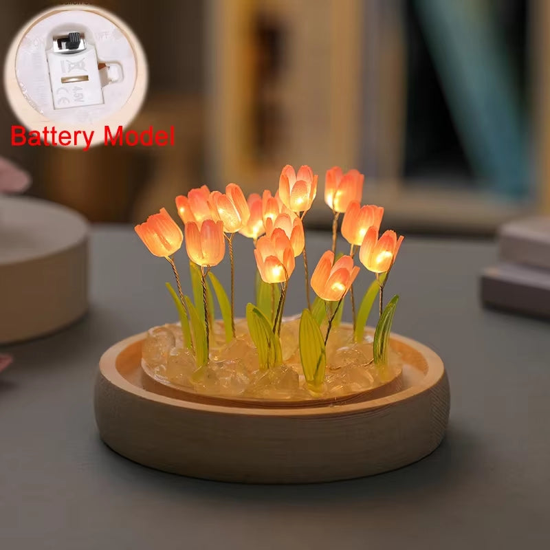 Artificial Tulip Flower Night Light Ornaments Handmade DIY Bedside Lamp LED Night Lamp Bedroom Decor Birthday Gifts Table Lamp