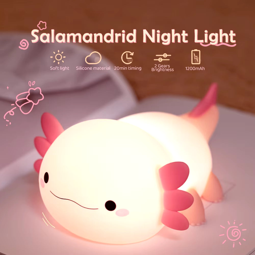 Axolotl Night Light for Kids 2 Brightness Silicone Nursery Sleeping Light Portable USB Rechargeable Bedside Lamp for Baby'S Room