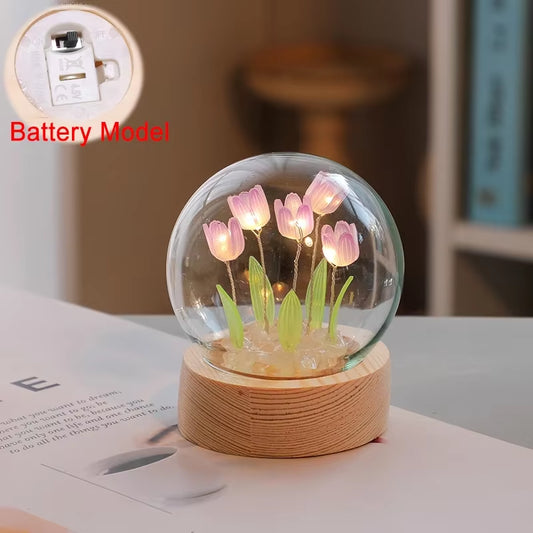 Artificial Tulip Flower Night Light Ornaments Handmade DIY Bedside Lamp LED Night Lamp Bedroom Decor Birthday Gifts Table Lamp