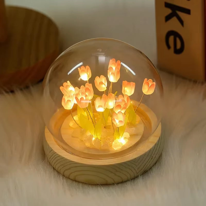 Artificial Tulip Flower Night Light Ornaments Handmade DIY Bedside Lamp LED Night Lamp Bedroom Decor Birthday Gifts Table Lamp