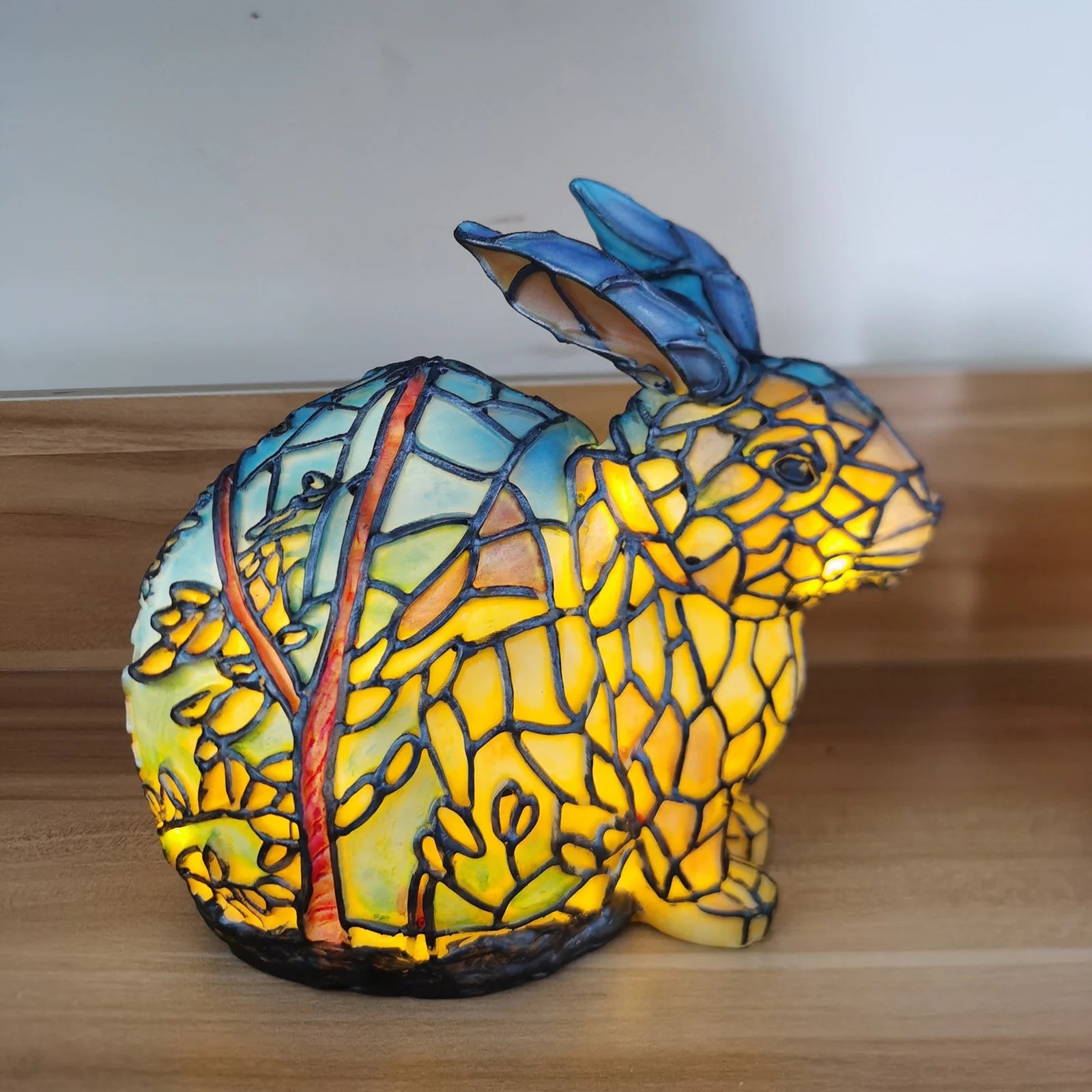 Animal Table Lamp Series - Stained Glass Rooster/Cat/Dragon/Wolf/Dolphin/Horse/Owl/Turtle Table Lamp Night Light - Stained Glass Animal Night Light for Home Decoration (Rabbit)